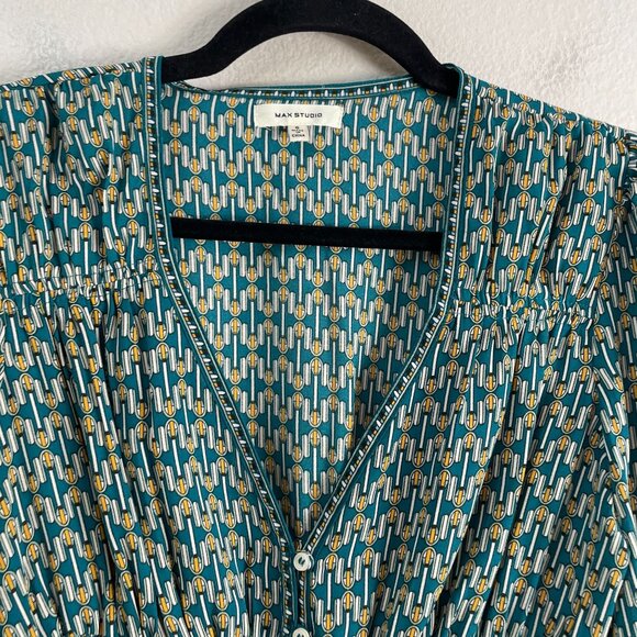 Max Studio Womens Small Geometric V Neck Peplum Blouse Teal White Yellow Shirt - Picture 10 of 13